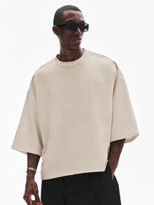 STYNVO 男士純色休閒百搭日常穿著短袖T恤 - 卡其色 - 查看 4