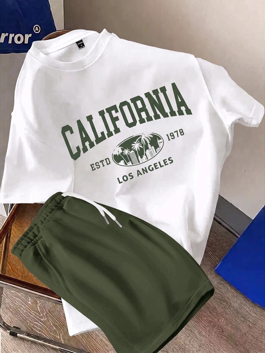 Daypath Men's Fitted White Knit Top And Army Green Woven Shorts Set - Army Green - View 1