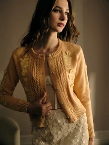 MOTF PREMIUM AUTUMN/WINTER MORI STYLE GENTLE HEAVY EMBROIDERY 3D FLORAL RHINESTONE BUTTON ROUND NECK SHORT CABLE KNIT CARDIGAN FOR WOMEN, ORANGE - Yellow - View 4
