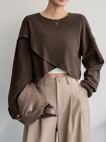 Dazy-Less Women's Solid Color Round Neck Casual Versatile Daily Wear T-Shirt - Coffee Brown - View 6