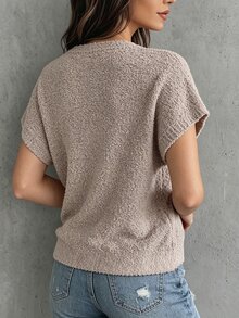 SHEIN Cardigan Rajut Wanita Warna Polos Model V-Neck Batwing Lengan Pendek Kancing Tunggal - Khaki - View 2