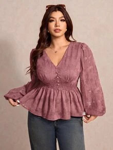 Elaquor 大尺碼女款花卉V領燈籠袖優雅襯衫 - 粉色 - 查看 3