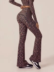 SHEIN BAE Women's Leopard Print High Waist Casual Daily Sports Tight Flare Leggings - Coffee Brown - View 4