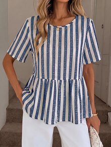 SHEIN LUNE 女款條紋百褶休閒百搭日常穿著襯衫 - 彩色 - 查看 6
