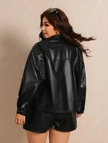 Elaquor Plus Size Women's Solid Color PU Leather Single-Breasted Jacket And Skort Fashion 2 Pieces Set Winter - Black - View 2