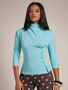 SHEIN BAE Lake Blue High Neck Cap Sleeve Short Sleeve Dress, Side Button Ruched Waist, Elastic Drape Slim Fit Casual Flattering Short A-Line Skirt - Blue - View 5