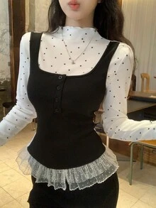 DAZY Women's Sweet Polka Dot Print Lace Patchwork 2 In 1 T-Shirt Fall - Black and White - View 1