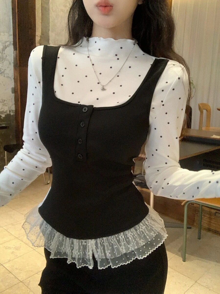 DAZY Women's Sweet Polka Dot Print Lace Patchwork 2 In 1 T-Shirt Fall - Black and White - View 1