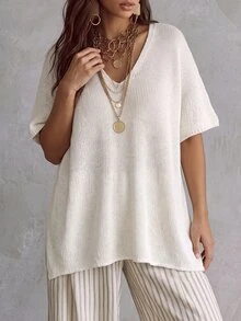 Linhara CURVE Sweater Rajut Longgar Berbentuk V-Neck Lengan Pendek Ukuran Plus untuk Musim Dingin - Putih - View 6