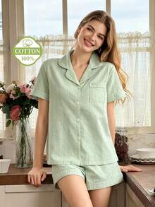 Snug Reverie 女款 100% 純棉 藍色提花短袖短褲夏季開襟居家服套裝 - 綠色 - 查看 1