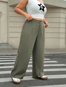 Muchica Plus Size Women Solid Color Pleated Straight Leg Loose Casual Suit Pants - Army Green - View 6