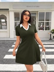 Muchica 大尺碼女款拼色休閒日常夏季洋裝 - 軍綠色 - 查看 4