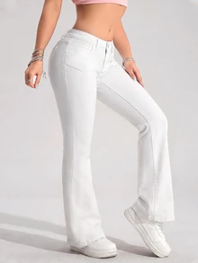 SHEIN Tall Gaya Jalanan Gadis Seksi Celana Jeans Denim Model Flare Pinggang Rendah dengan Kantong Tempel - Putih - View 5