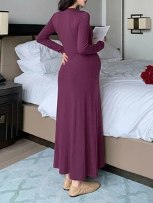 DAZY Solid Color Fitted Waist Twist Deep V Long Sleeve Elegant Vacation Spring Autumn Maternity Dress - Burgundy - View 2