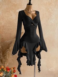 Soleia Women's Front Knot Ruched Ruffle Asymmetrical Hem Dress - Black - View 4