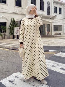 Al Najma Round Neck Woven Trim Brown Polka Dot Dress - Multicolor - View 3