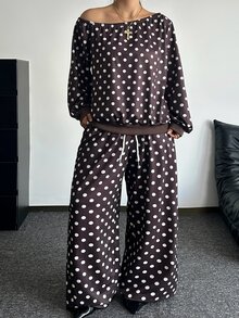 POPSWAY Plus Size Women Polka Dot Asymmetric Shoulder Sweatshirt And Pants Set, Casual Asymmetrical Shoulder Long Sleeve Two Pieces Outfit, Spring And Autumn Daily Wear - Brown - View 5