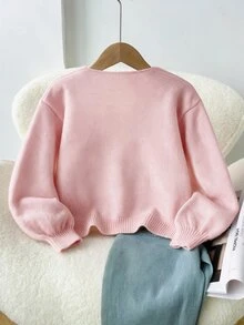 SHEIN Tween女孩寬鬆休閒簡約舒適圓領長袖綁帶蝴蝶結波點開襟衫 秋冬返校季 - 粉色 - 查看 2