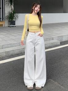 DAZY 女款休閒日常寬腿牛仔褲，附口袋與鈕扣設計 - 白色 - 查看 3