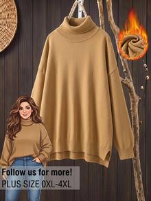 Rusticease Women's Plus Size Solid Color Turtleneck Sweater, Autumn/Winter - Camel - View 3