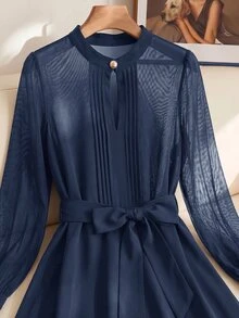 SHEIN Clasi 大尺碼優雅鈕扣百褶長袖襯衫，適合商務辦公 - 藏蓝色 - 查看 3