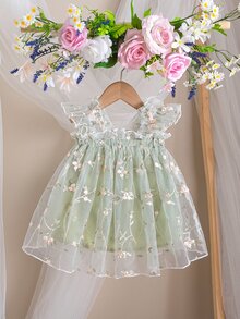 SHEIN 新生女嬰可愛優雅夏季網紗花卉刺繡洋裝 - 薄荷綠 - 查看 2