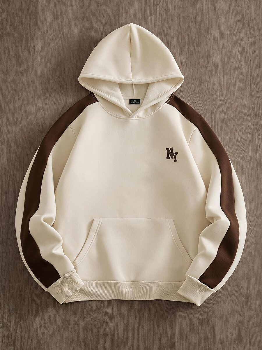 Teen Boy Casual Minimalist Loose Round Neck NY Long Sleeve Comfortable Sweatshirt With Pocket Striped Pullover Sweatshirt, Thermal Lined 2 Pieces Set For Autumn/Winter - Multicolor - View 1