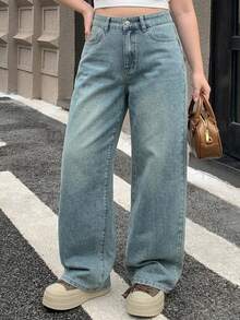 Dazy Plus Celana Jeans Denim Panjang Kasual Model Lebar dengan Warna Polos Pudar Bergaya Vintage - Medium Wash - View 4