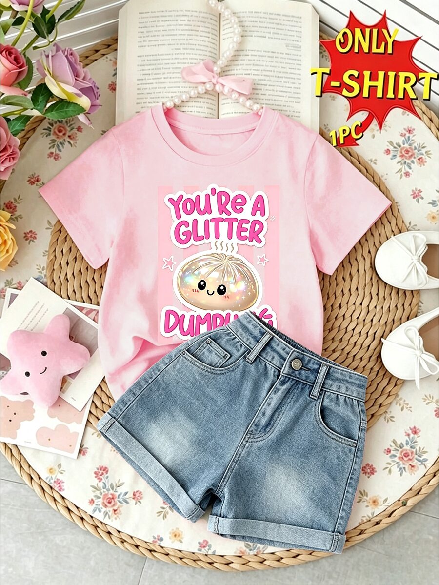 Souflis Souflis 女童卡通可愛包子造型粉色與白色直條紋趣味字母印花基礎短袖T恤 - 粉色 - 查看 1
