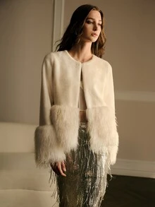 MOTF PREMIUM WOMEN'S AUTUMN/WINTER SOLID COLOR PATCHWORK FAUX FUR COAT - Beige - View 7