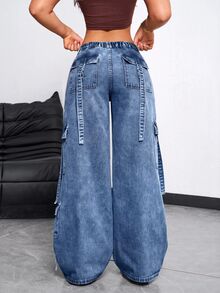 SHEIN EZwear 女款休閒水洗寬腿工裝牛仔褲 - 藍色 - 查看 2