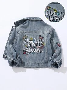Girls' Light Blue Washed Denim Jacket, Butterfly Floral Letter Embroidery, Lapel Button Front Cardigan, Long Sleeve Loose Fit Sweet Casual Jacket, Suitable For Back To School, Daily Play, Family Outings, Spring And Autumn Wear - Blue - View 1