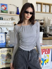 K-Vae Women's Minimalist Sexy Ins Style Atmosphere Halter Neck Ruched Grey Long Sleeve Base Layer Top, Slim Fit Waist Design, Minimalist Everyday Wear - Grey - View 5