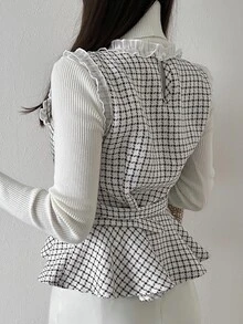 FRIFUL Women's Elegant Commuter Plaid Frill Trim Tank Top With Waist Belt Fall - White - View 9