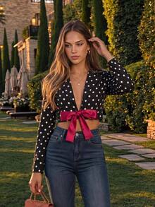 KARISMINA Black And White Polka Dot Notched Lapel Contrast Bowknot Front Cropped Blazer, Night Out Party Date Night, Fall Jacket, Elegant, Christmas, New Year - Black - View 1