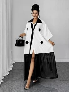 Maweii Gaun Longgar Motif Polkadot Warna Blok Ukuran Plus untuk Musim Gugur - Hitam dan Putih - View 6