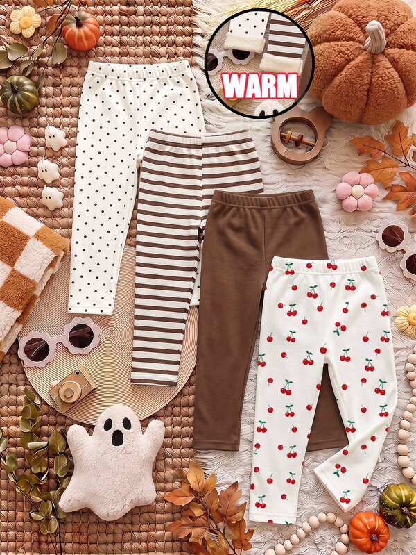 Seriously, 4 Pieces, Cute Sweet Marron Color Palette Stripes, Cherry Polka Dots, Baby Girl 4-Piece Leggings Bottoms, Outdoor Picnic, Outing, Street Style, Chill Chill, Y2K, Kawaii, Party, Daily, Vacation, Cute