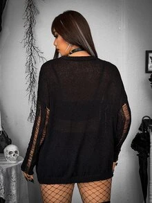SHEIN Whyspr Plus Size Distressed Hollow Out Cable Knit Long Sleeve Top, Y2K Ripped Sheer Fringe Sweater, Spring Summer See Through Loose Grunge Knit Cover Up Shir - Black - View 2