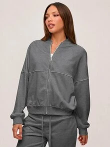 SHEIN BASICS 女款純色落肩長袖休閒寬鬆棒球夾克 - 深灰色 - 查看 7