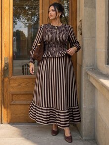 Lounesse Plus Size Striped Ruched Waist Blouse And Long Skirt 2 Pieces Set Brunch Evening Formal Chocolate Brown Autumn Elegant Casual Elegant - Multicolor - View 7