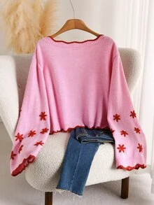 Elaquor Plus Size Fashion Vacation 3D Embroidered Pullover Sweater Date Night Evening Pink Floral Autumn Cute Casual Winter - Pink - View 2