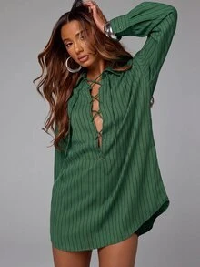 NYA SZN Women's Striped Casual Sexy Daily Fall Mini Dress Going Out Night Out Green - Green - View 6
