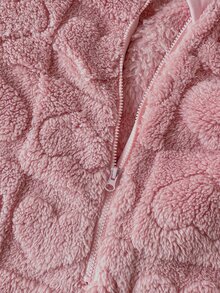SHEIN 秋冬雙面保暖內裡加厚女童幼兒連身衣，可愛愛心與方格提花絨毛柔軟舒適休閒連帽拉鍊長袖長褲居家服，秋冬冬季款 - 粉色 - 查看 6
