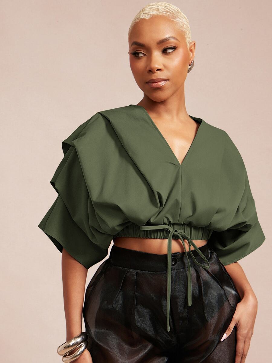 Vixey Solid Woven Pleated Structured Sleeve Drawstring Waist Top - Olive Green - View 1