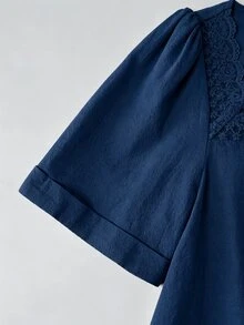 Balvessa 白色方領蕾絲拼接女款休閒襯衫 - 藏蓝色 - 查看 4