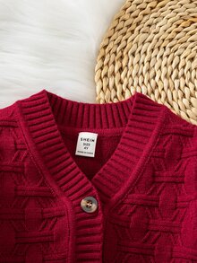 SHEIN Vintaside Kids 小男孩長袖單排扣休閒素色紋理針織開襟衫 - 酒紅色 - 查看 5
