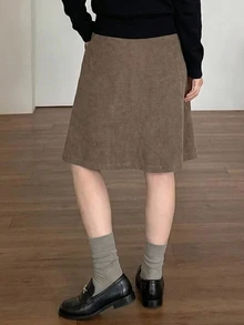 DAZY Rok Wanita Kasual Musim Semi/Gugur Model A-Line Warna Polos Panjang Selutut dengan Lipit dan Kantong, Cocok untuk Liburan Musim Semi/Gugur - Khaki - View 2