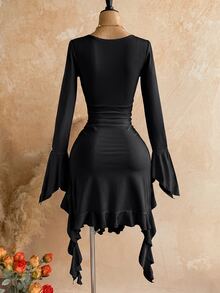 Soleia Women's Front Knot Ruched Ruffle Asymmetrical Hem Dress - Black - View 2