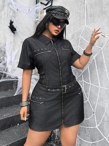 Jeanoix Plus Size Summer Casual Front Zipper Belted Denim Dress - Black - View 4