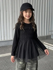 Dazy Kids Tween Girl Solid Color Pleated Casual Versatile Daily Wear Top - Black - View 6